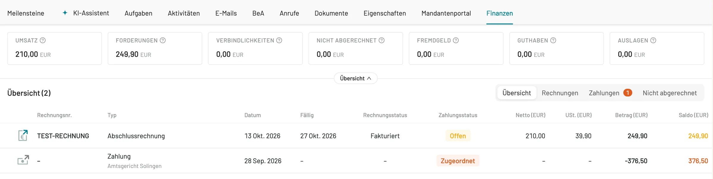 Aktenkonto mit Zahlungen in caseflow