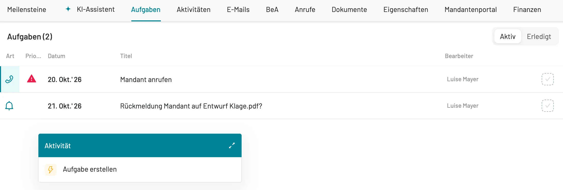 Aufgaben in caseflow