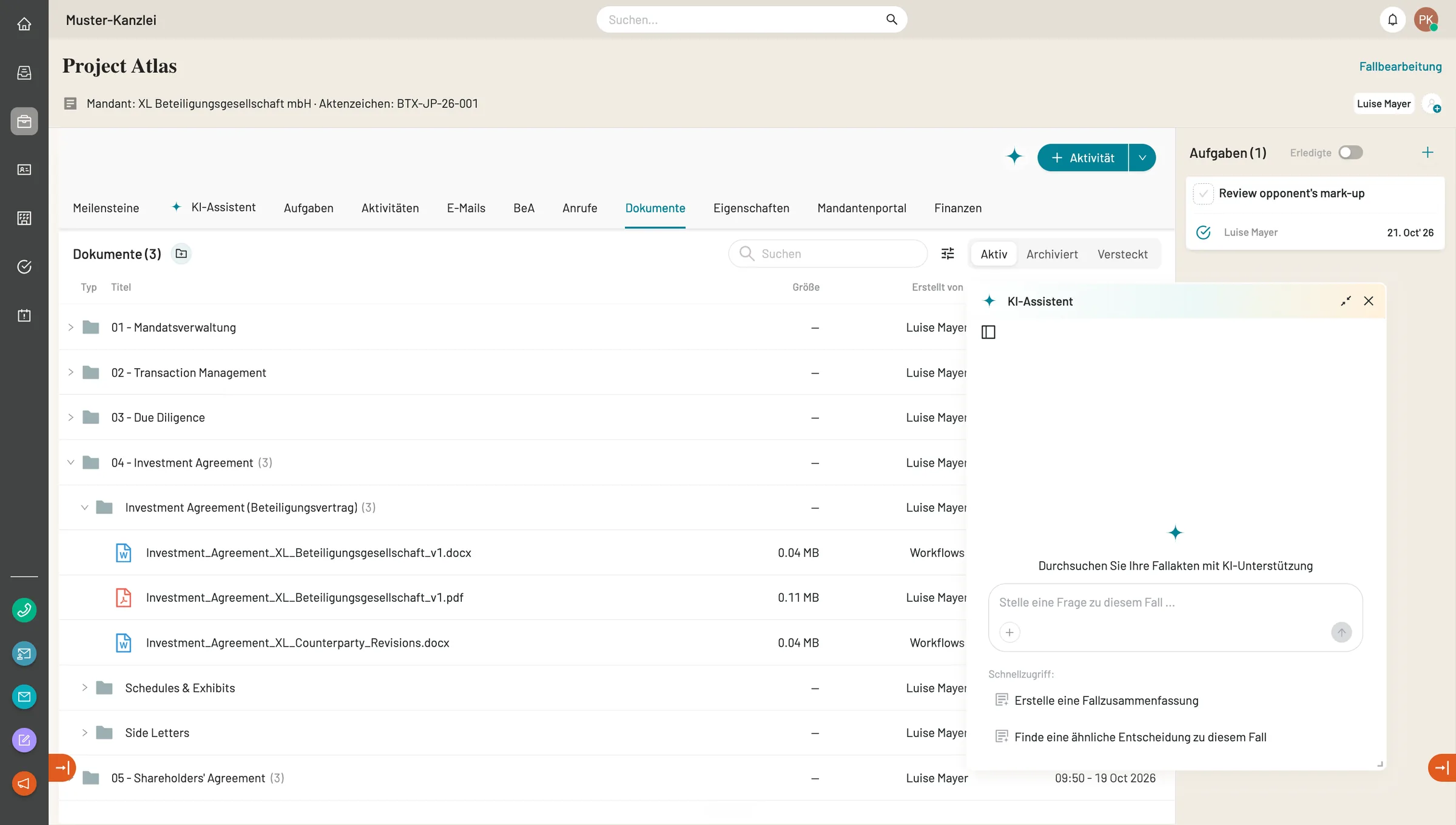 caseflow Mandatsakte mit Dokumenten und KI-Assistent