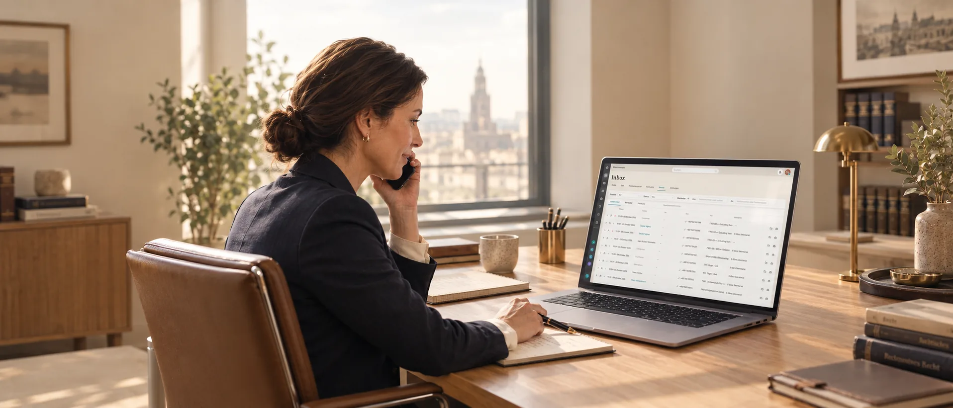 Einzelanwältin telefoniert am Schreibtisch, daneben der caseflow-Posteingang auf dem Laptop