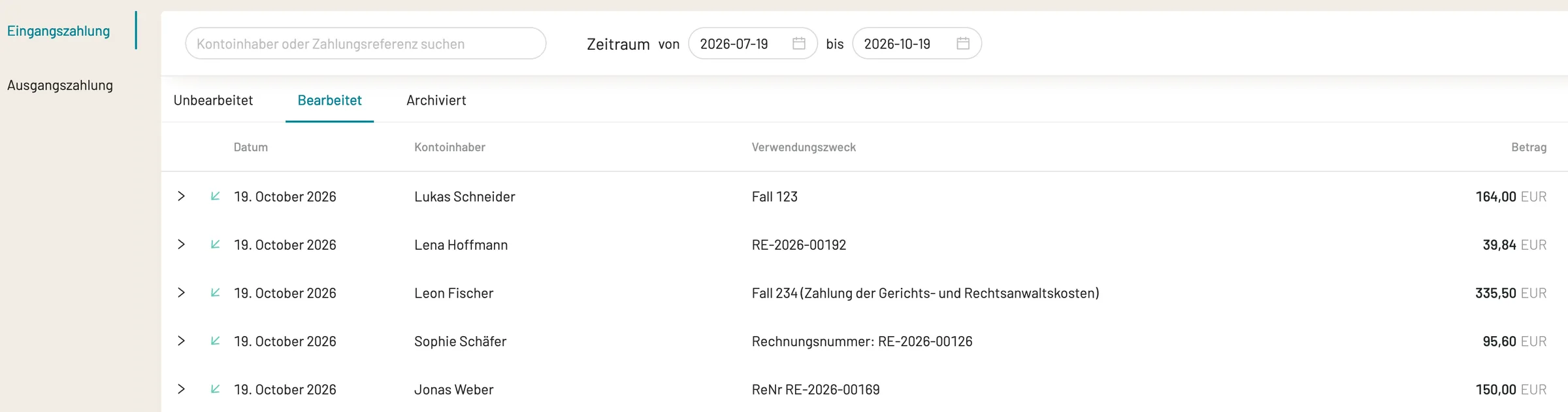 Übersicht der Zahlungseingänge