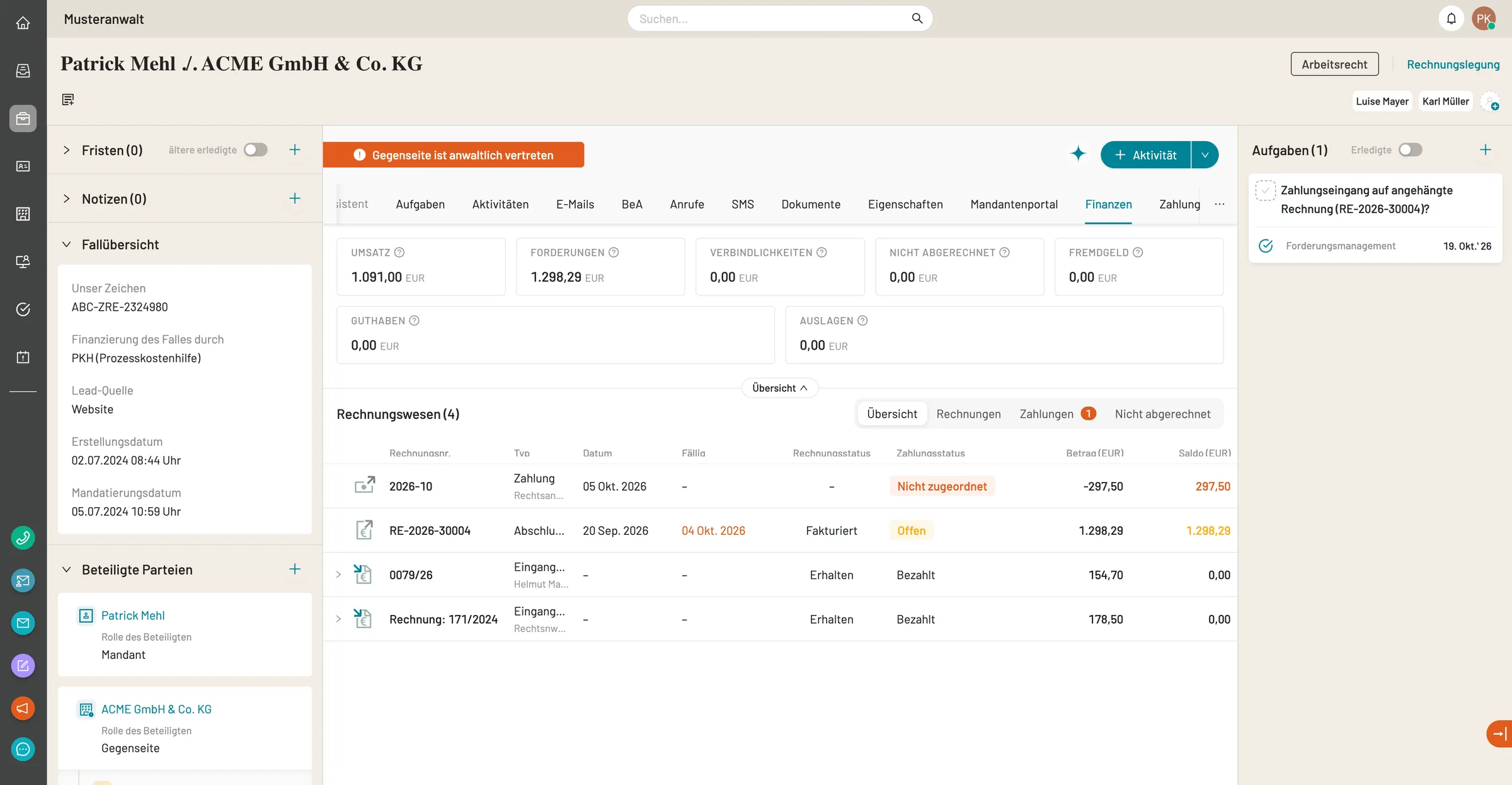 caseflow Fallansicht mit Finanzen