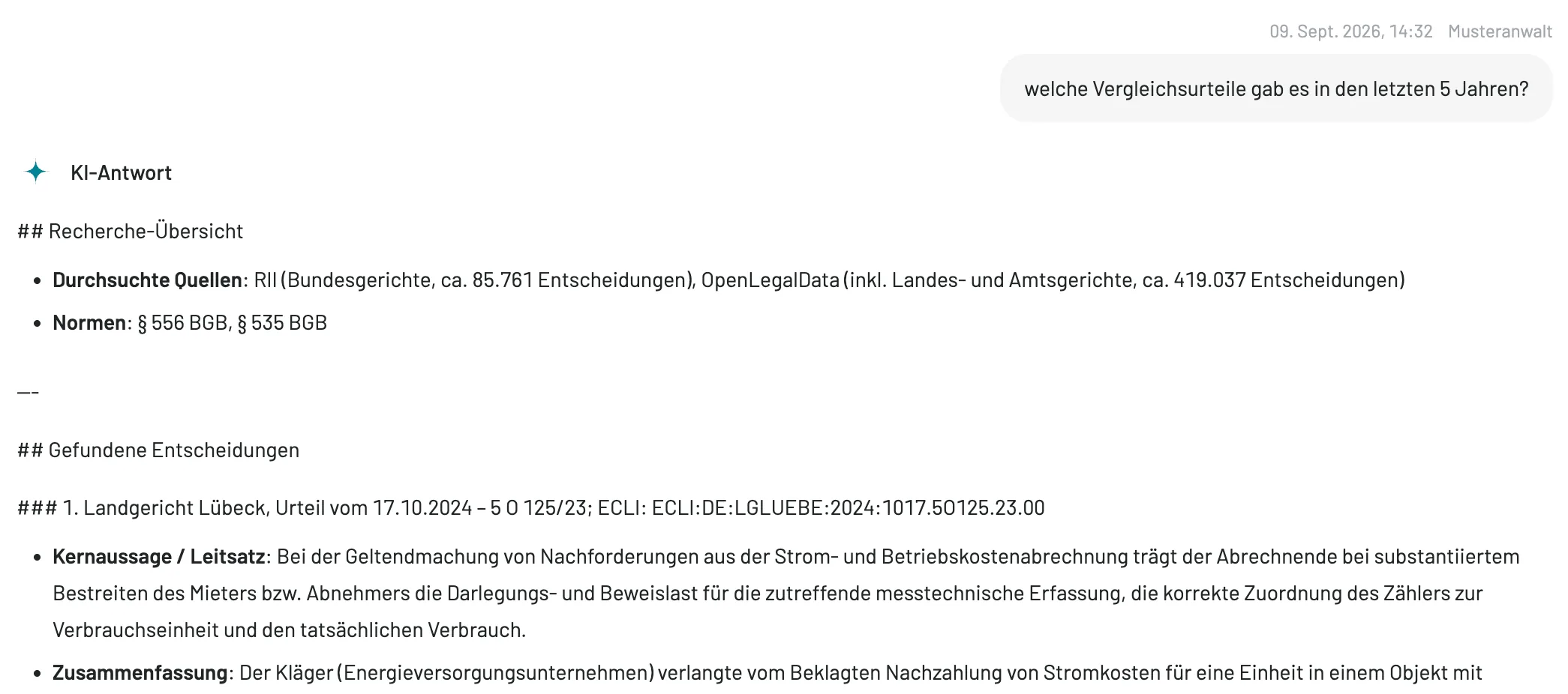 Rechercheanfrage an den KI-Assistenten mit Antwort