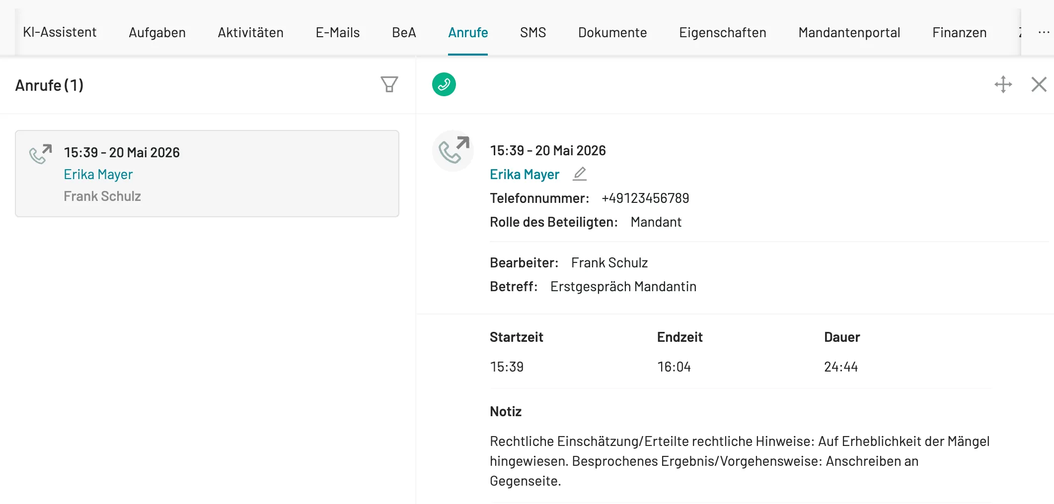 Anruf mit Notiz in der Akte